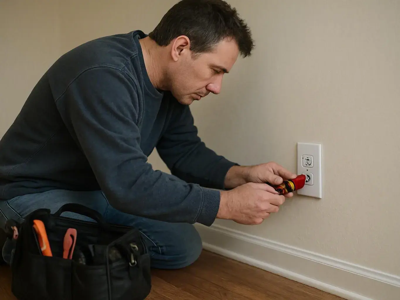 A man kneels by a wall outlet, using a screwdriver beside an open tool bag on a hardwood floor