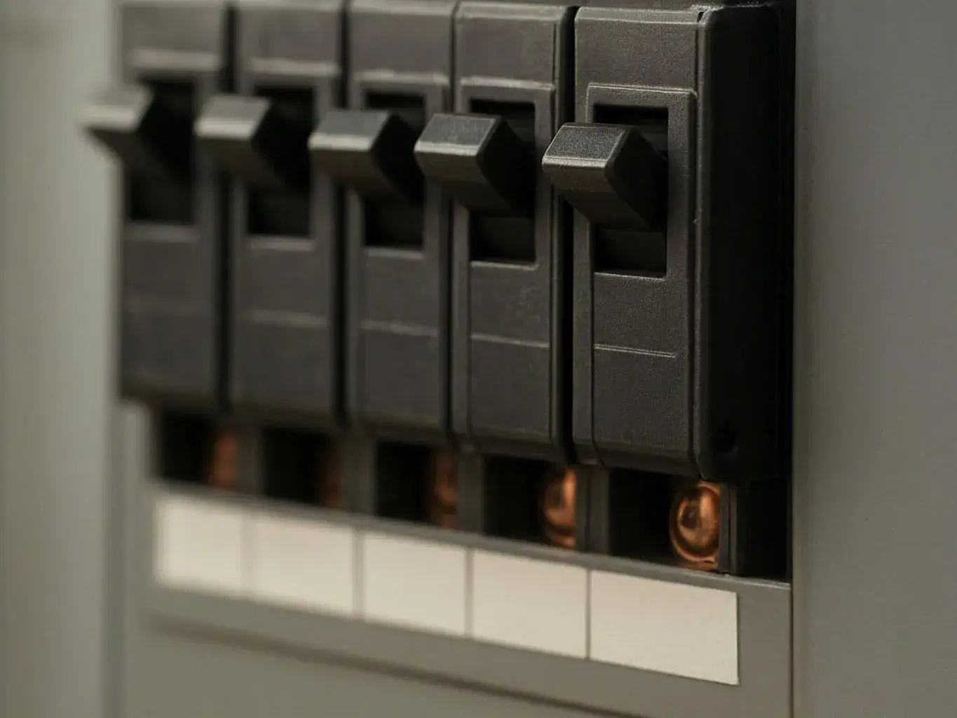 Close-up of black circuit breaker switches mounted inside a gray electrical