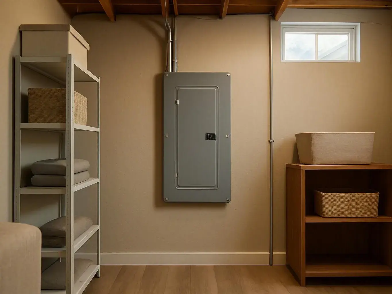 Basement storage room with shelves, household items, and a gray electrical