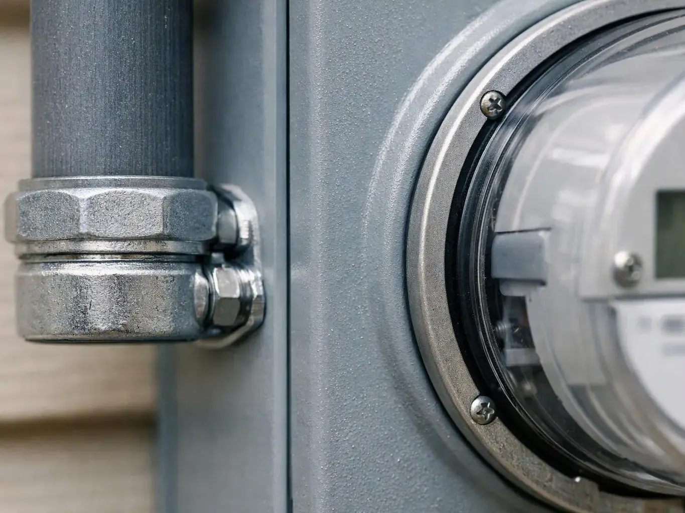 Close-up of a gray metal pipe entering a boxed meter with a clear circular window