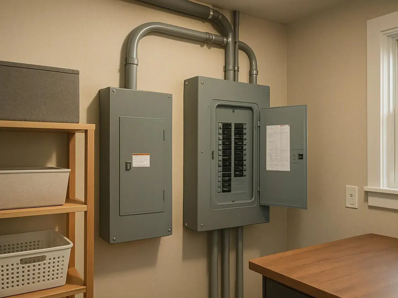 Home utility room with two gray electrical panels, exposed conduit, and storage