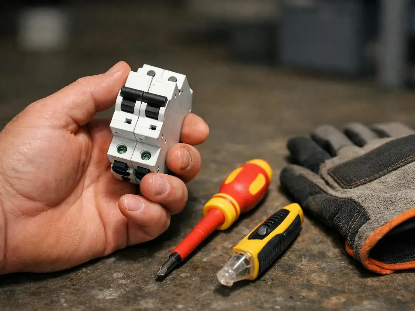 Worker inspecting a fuse box in a small shop