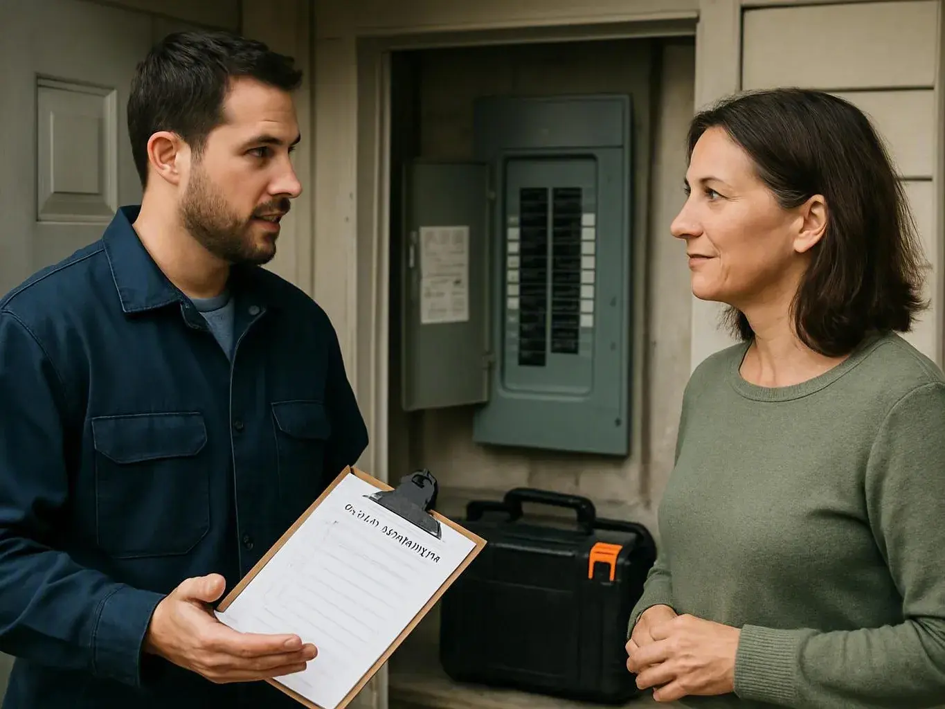 A man with a clipboard talks to a woman outside a house near an open electrical panel