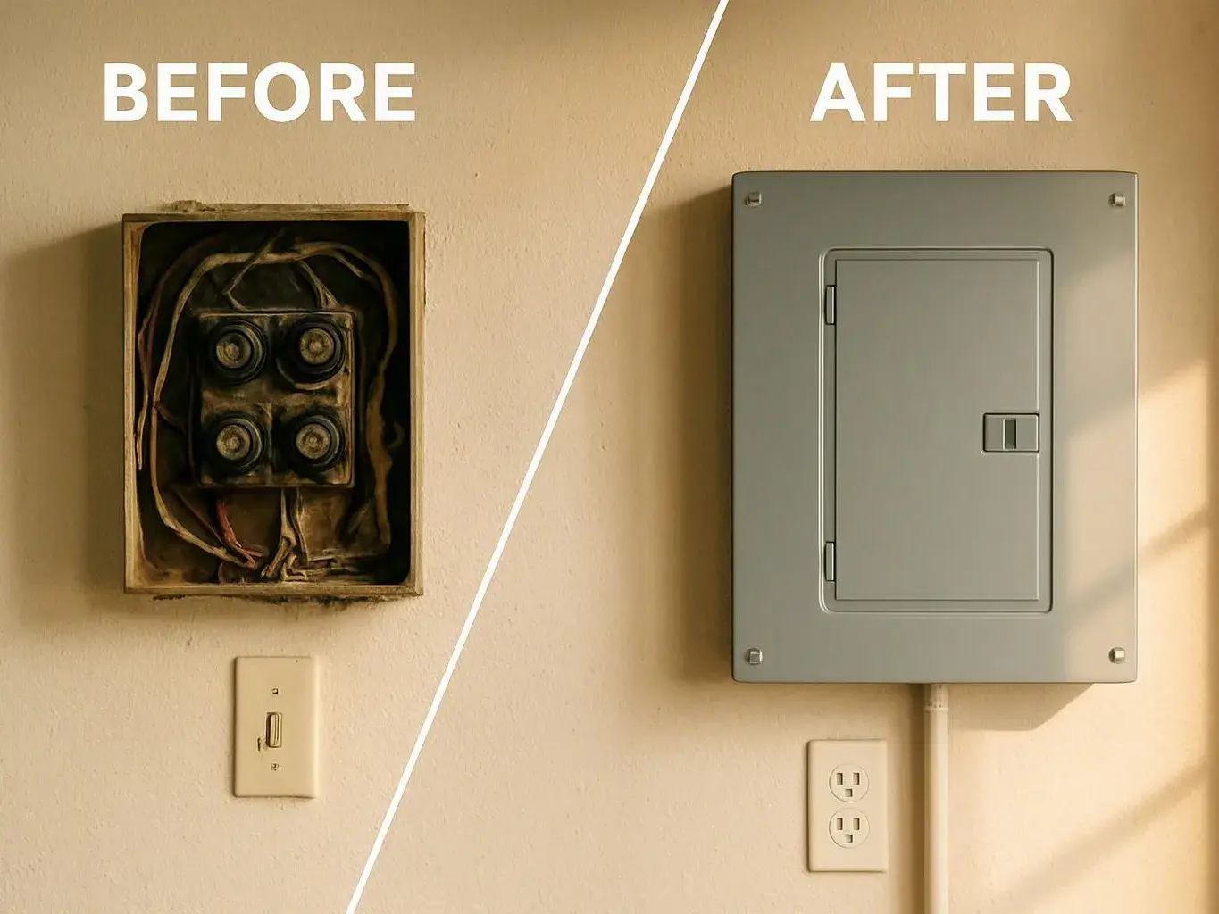 Split view of an electrical panel before and after replacement on a beige wall