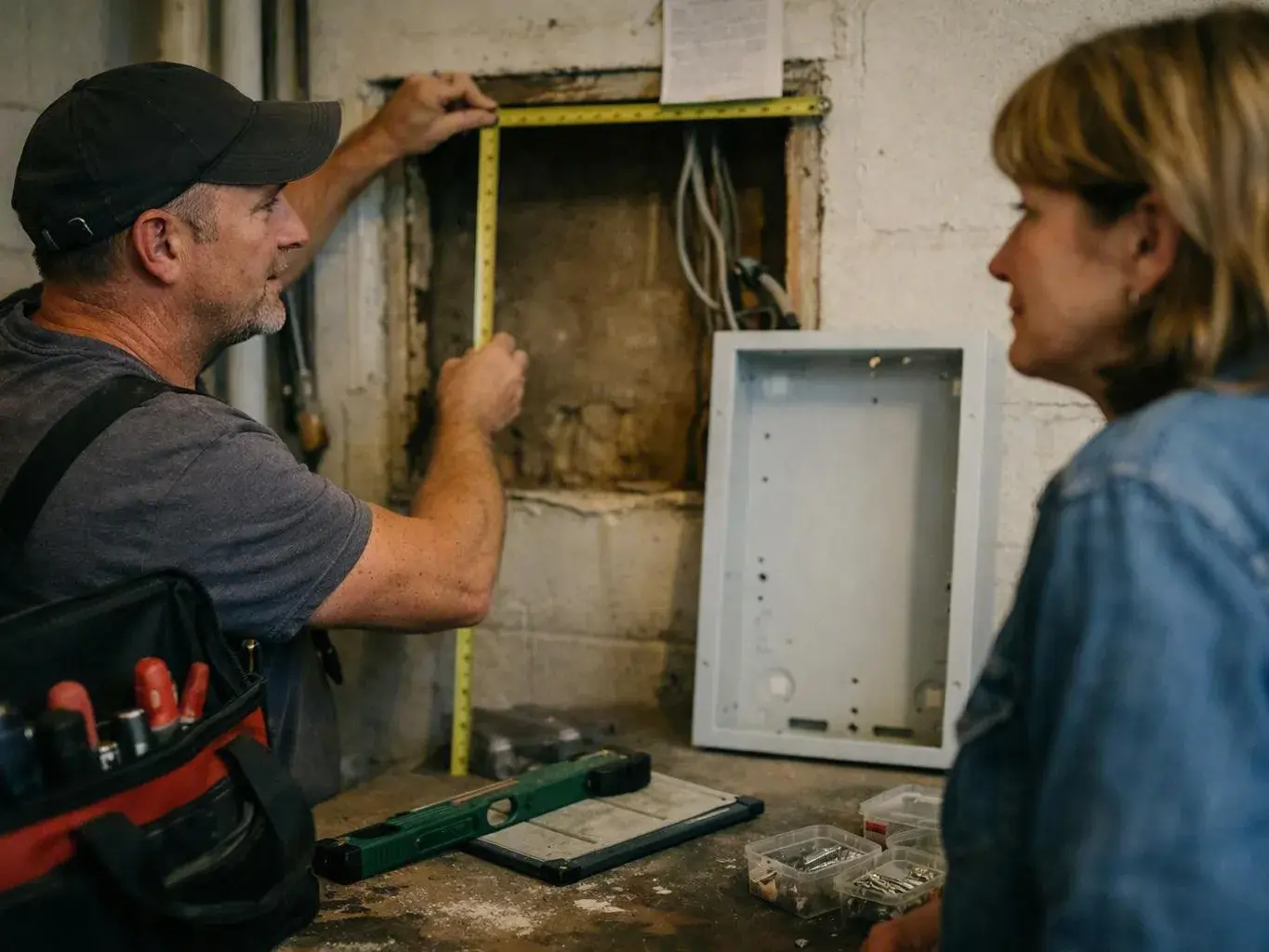 Worker measures a wall opening with a tape measure as a woman watches in a