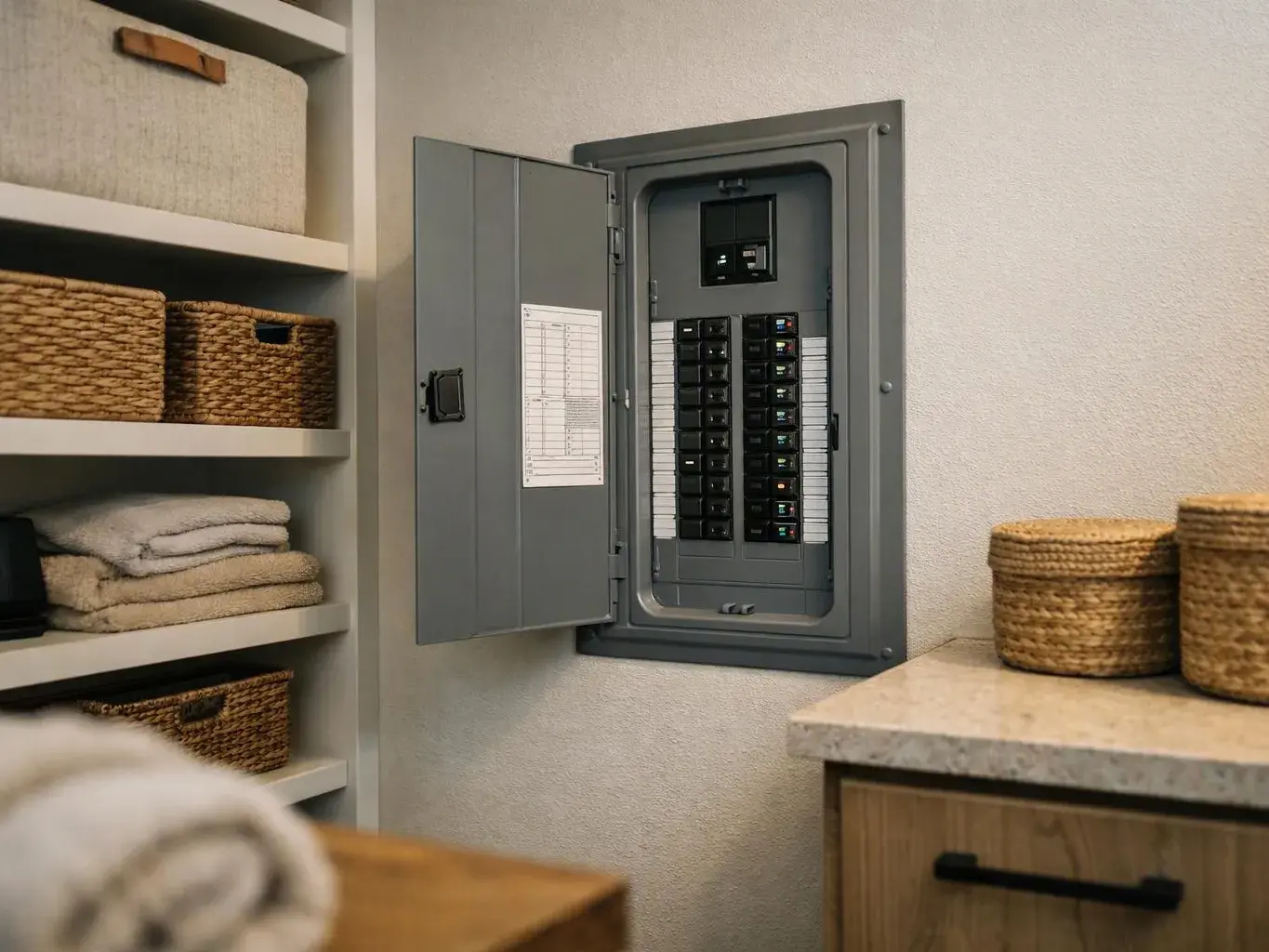Open electrical breaker panel in a storage room beside baskets and folded towels