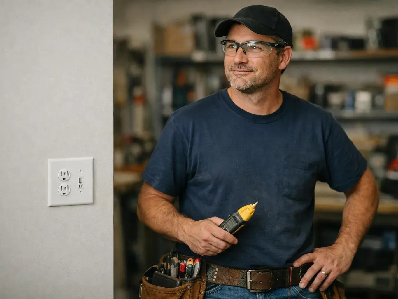 Electrician checking outdoor wiring after winter weather