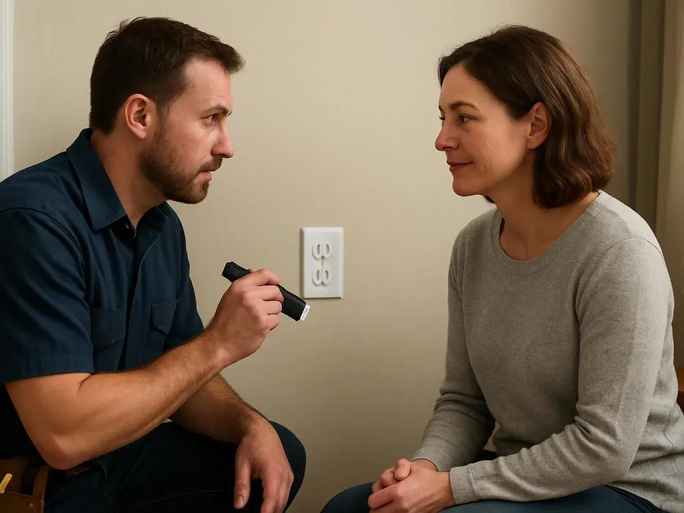Electrician explains a handheld electrical tester to a seated homeowner during