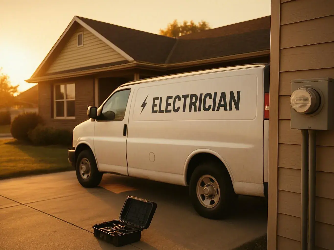 White electrician van and open tool case parked beside a house driveway