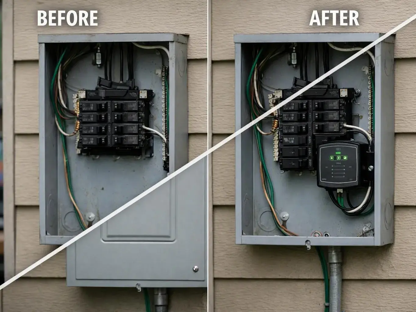 Split before-and-after view of an outdoor electrical panel