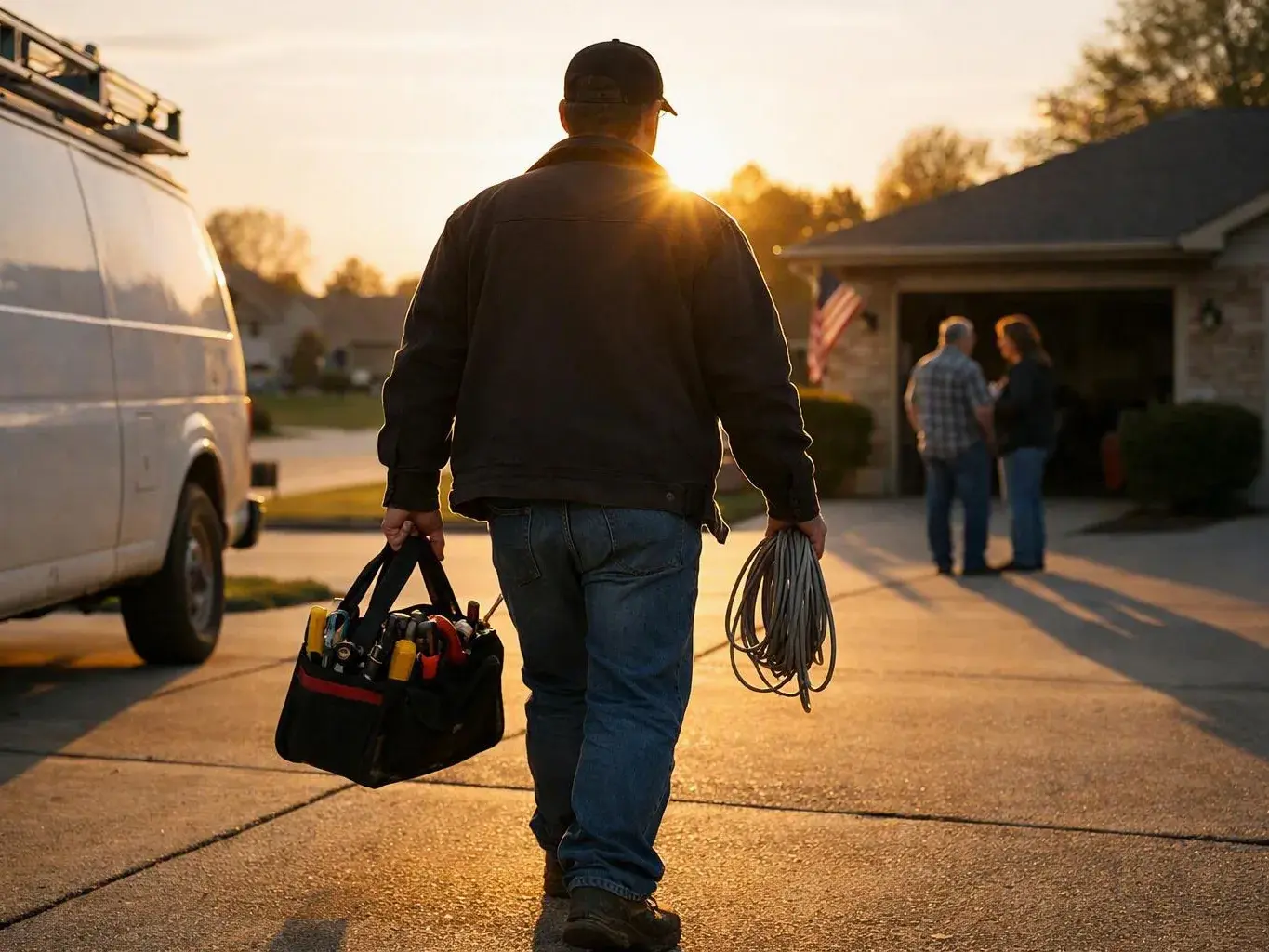 A worker walks up a driveway at sunset carrying a tool bag and coiled cable toward a house