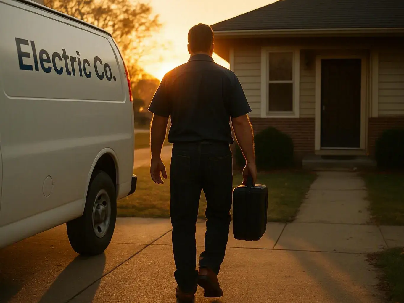A utility worker walks toward a house at sunset, carrying a black case beside an Electric Co. van