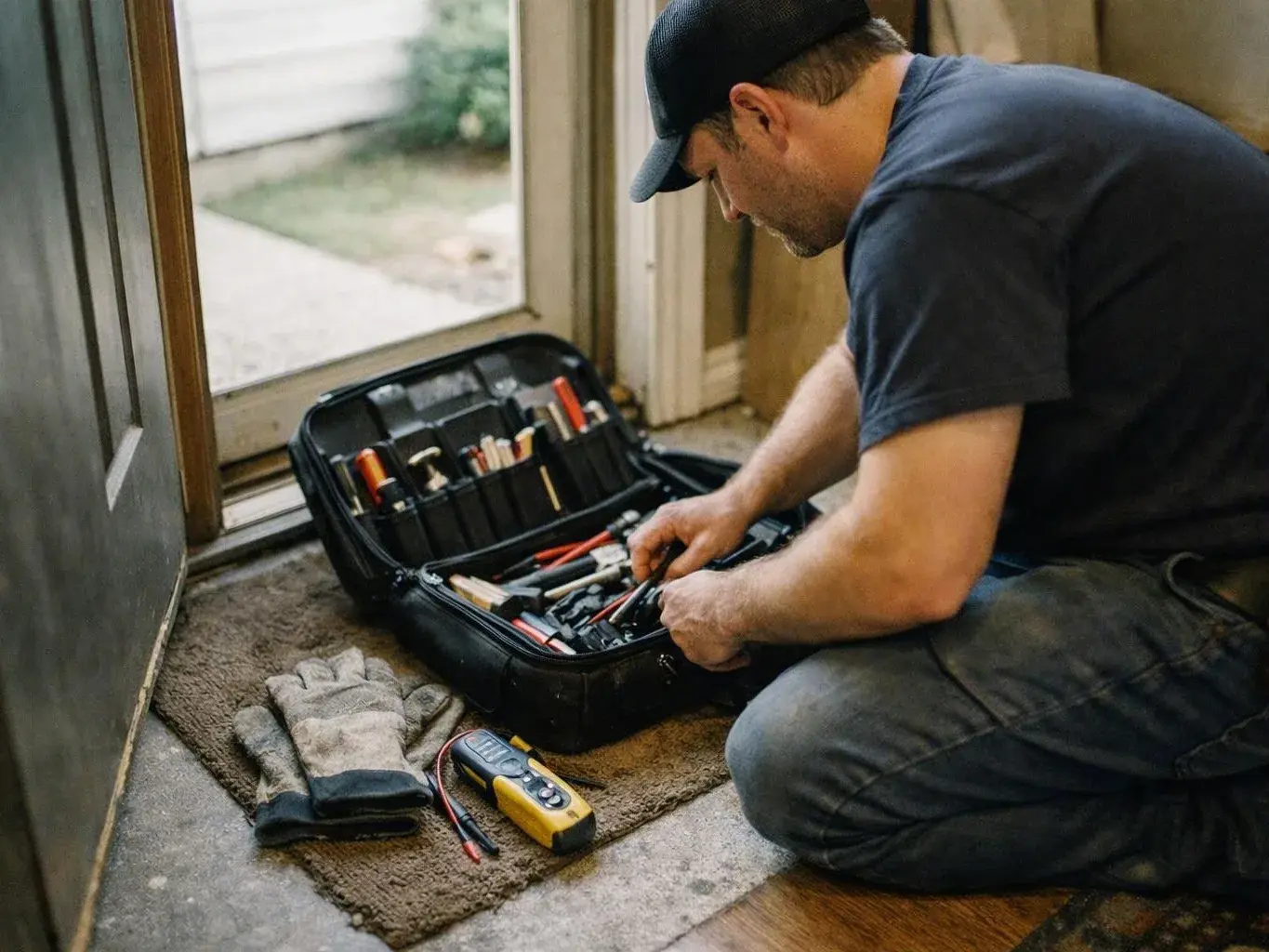A kneeling man in a cap sorts tools in an open case by a doorway, with gloves and a tester beside him