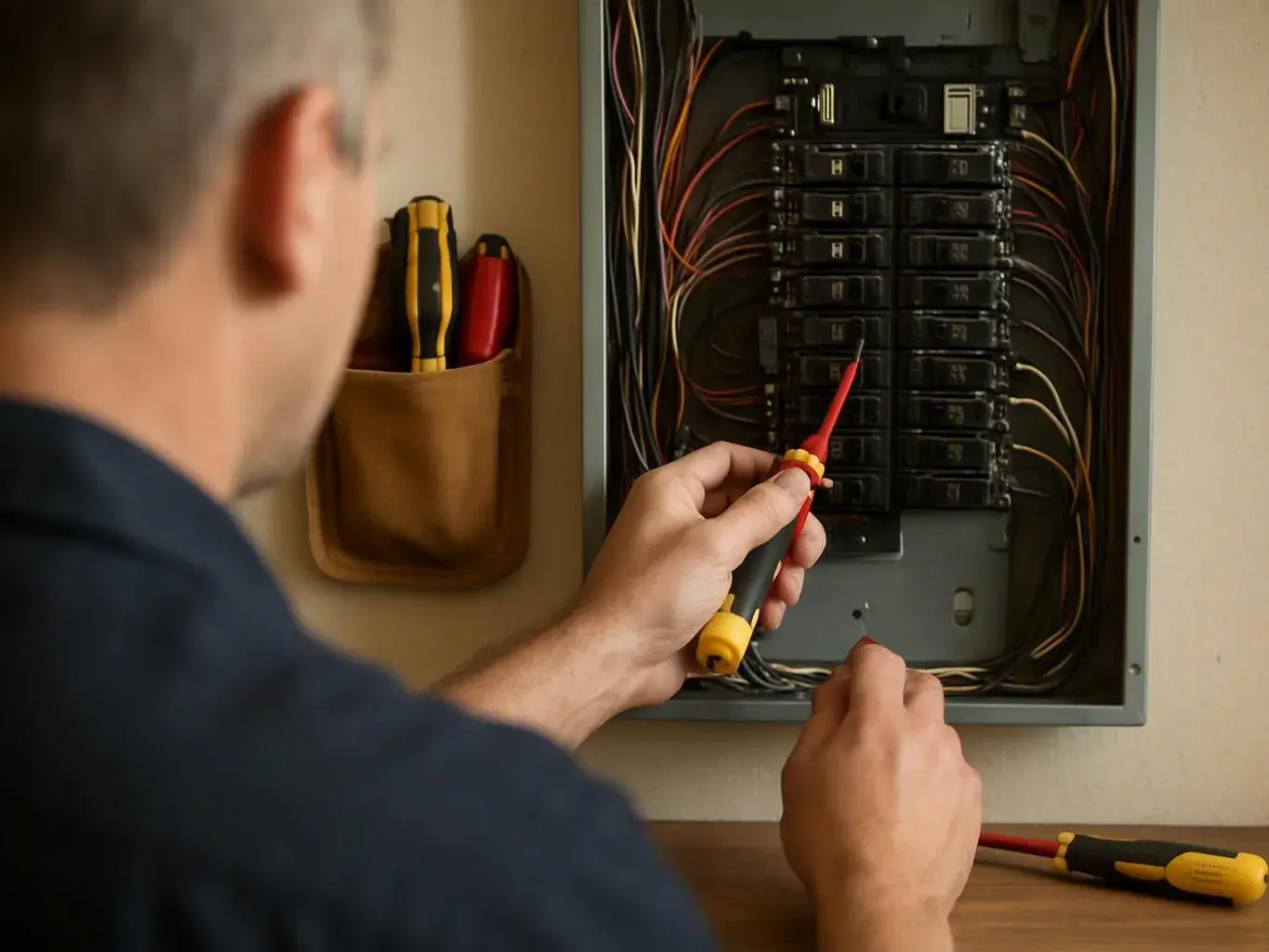 Electrician tests a home breaker panel beside hanging tools and exposed wiring