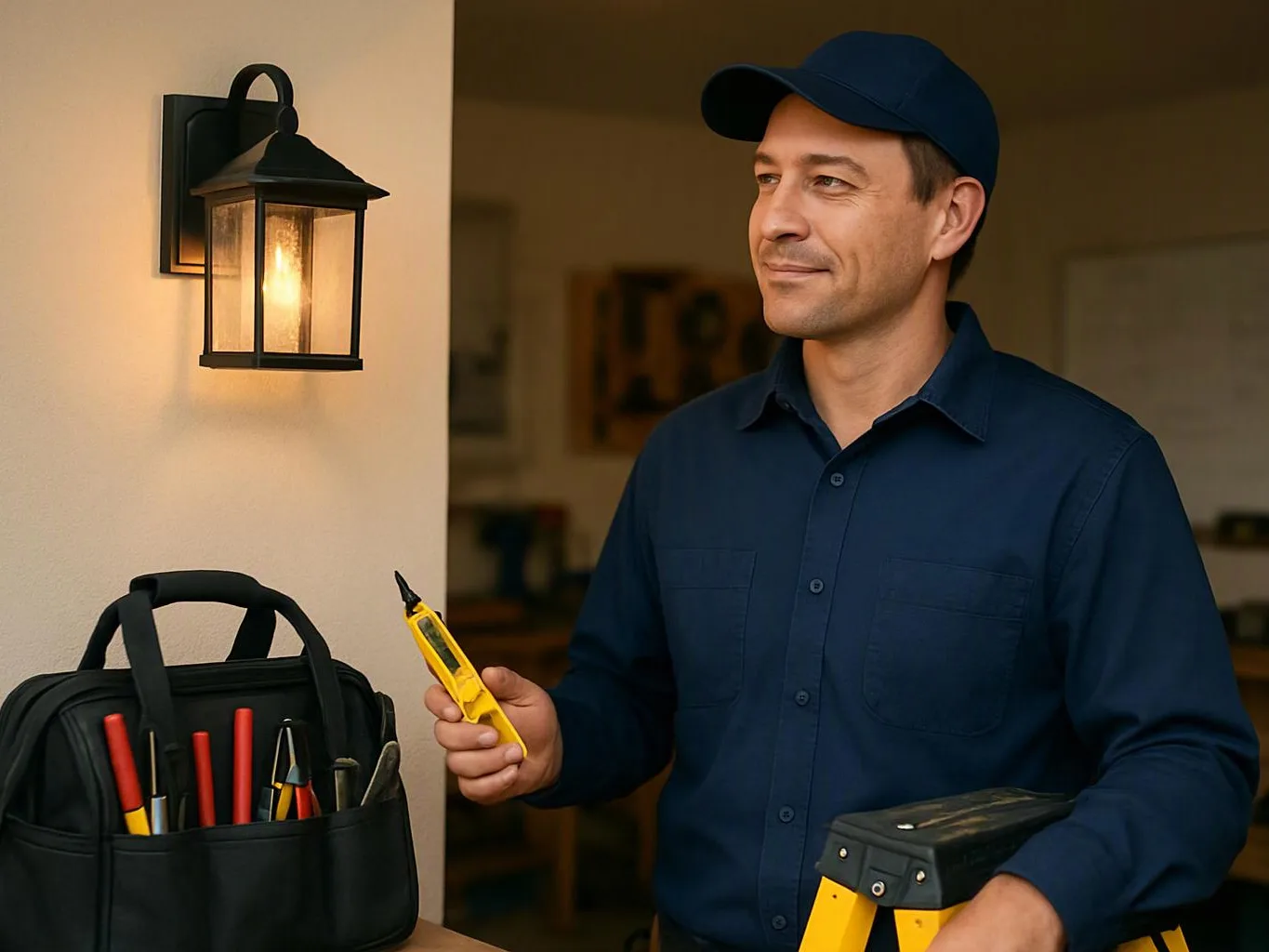 A man in a blue cap holds a utility knife and tool case beside a lit wall lantern indoors