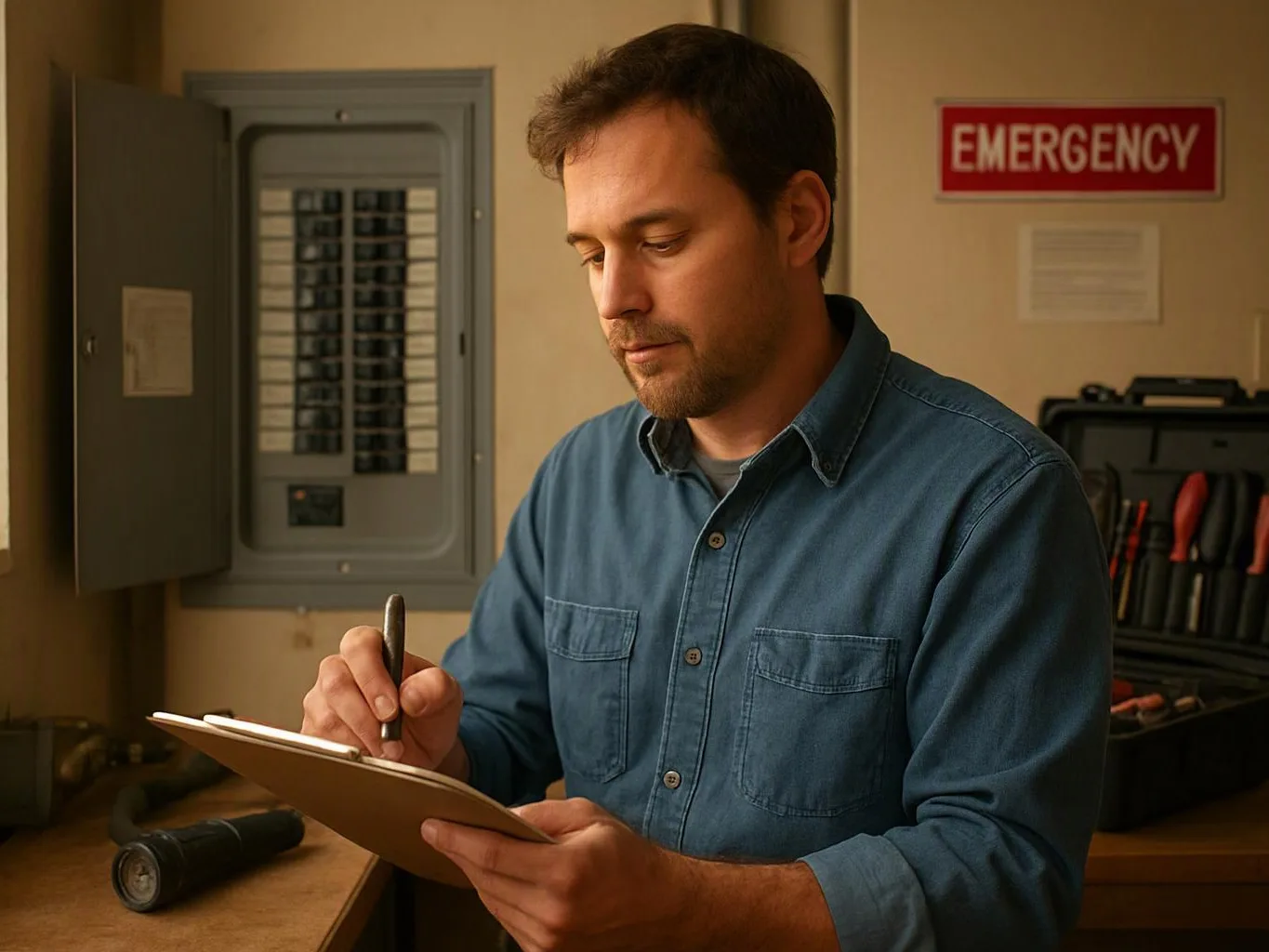 A man in a blue shirt writes on a clipboard beside an open electrical panel and tool case