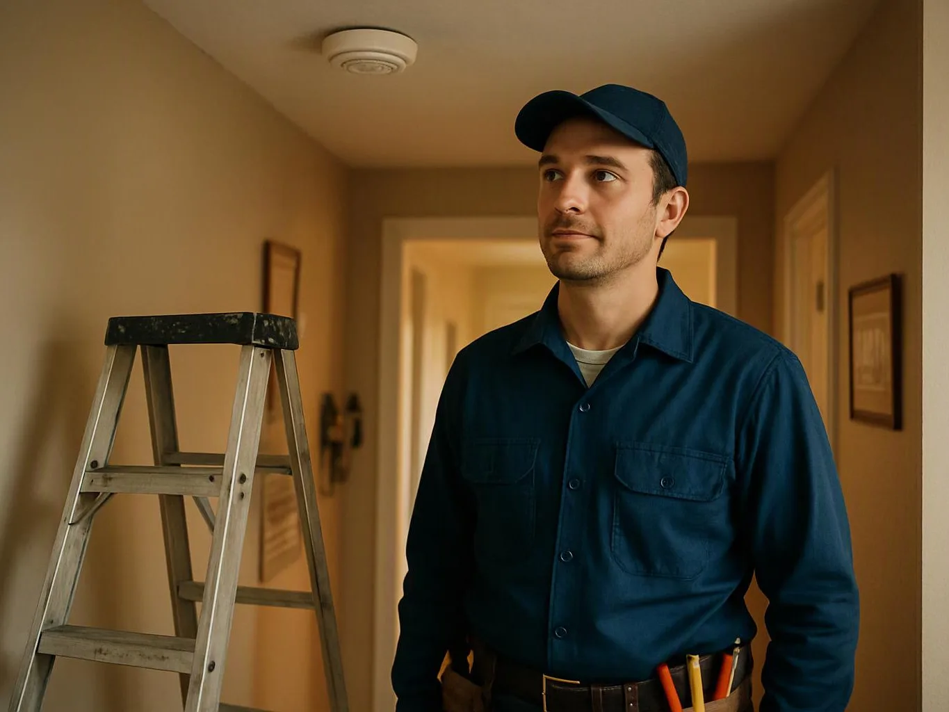 A man in a blue work uniform stands beside a ladder in a hallway, looking upward
