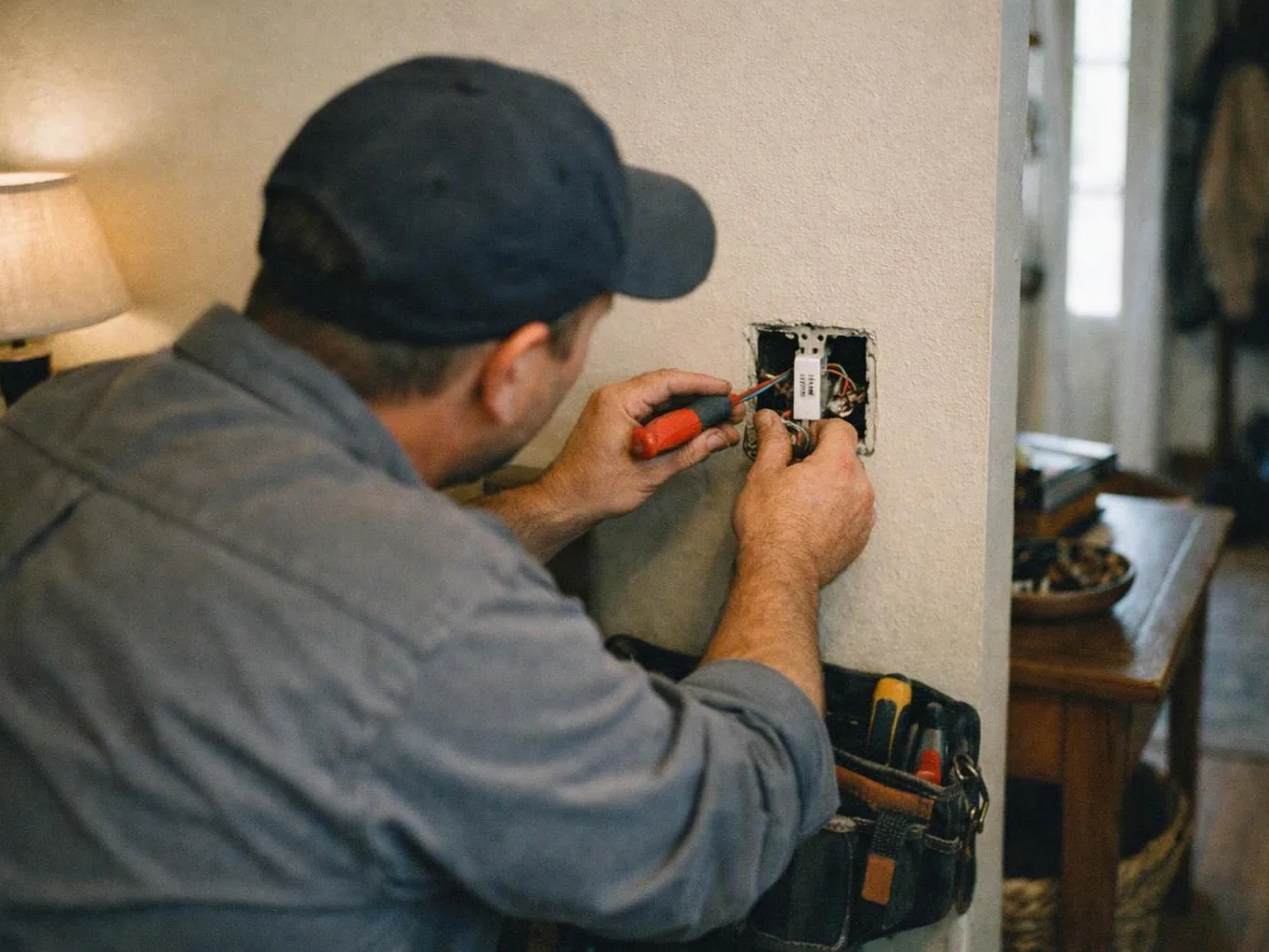 A man in a cap fixes exposed wall wiring with a screwdriver inside a home room