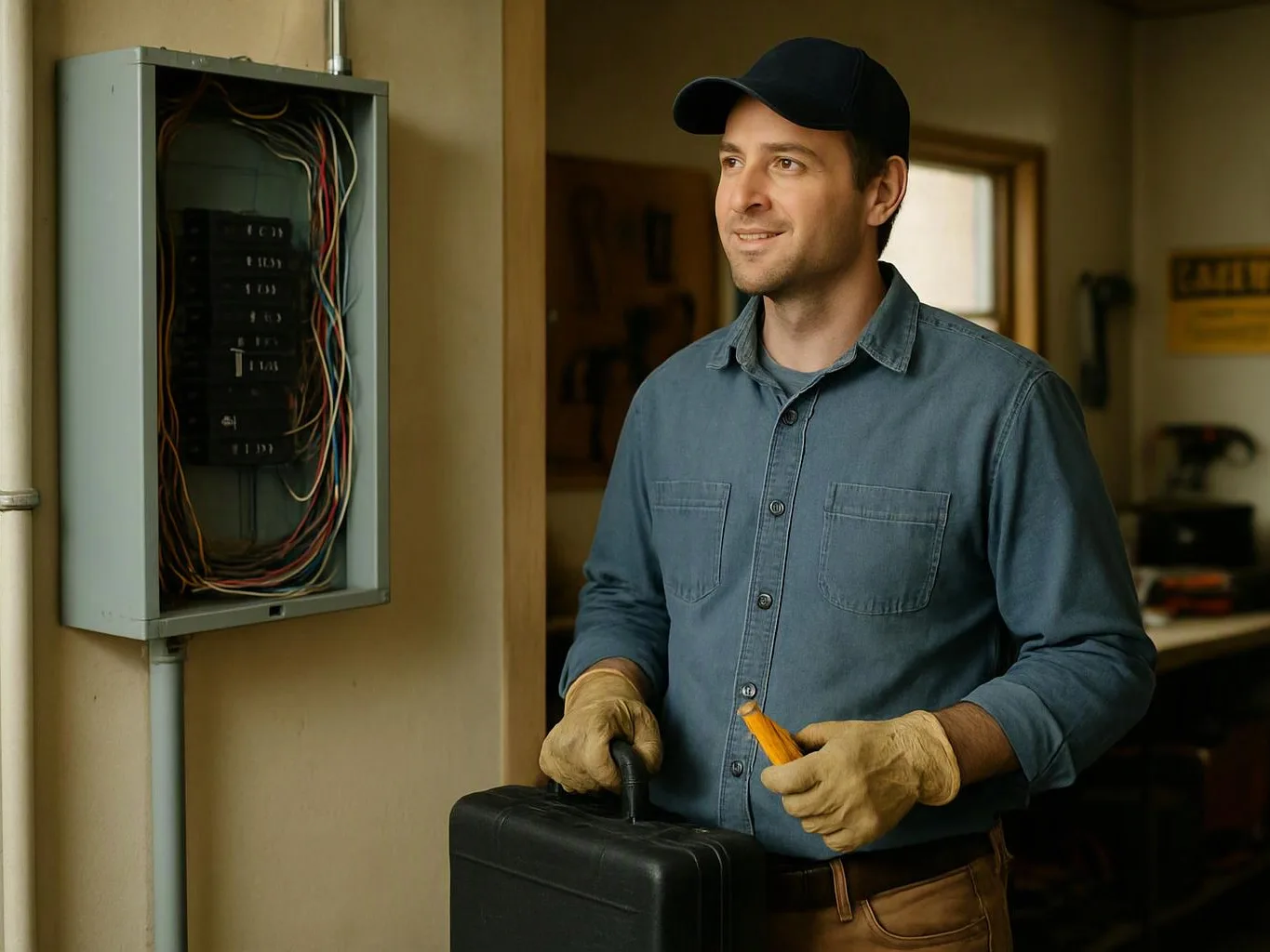 A man in a cap and gloves stands indoors beside an open electrical panel, holding a tool case and a yellow tester