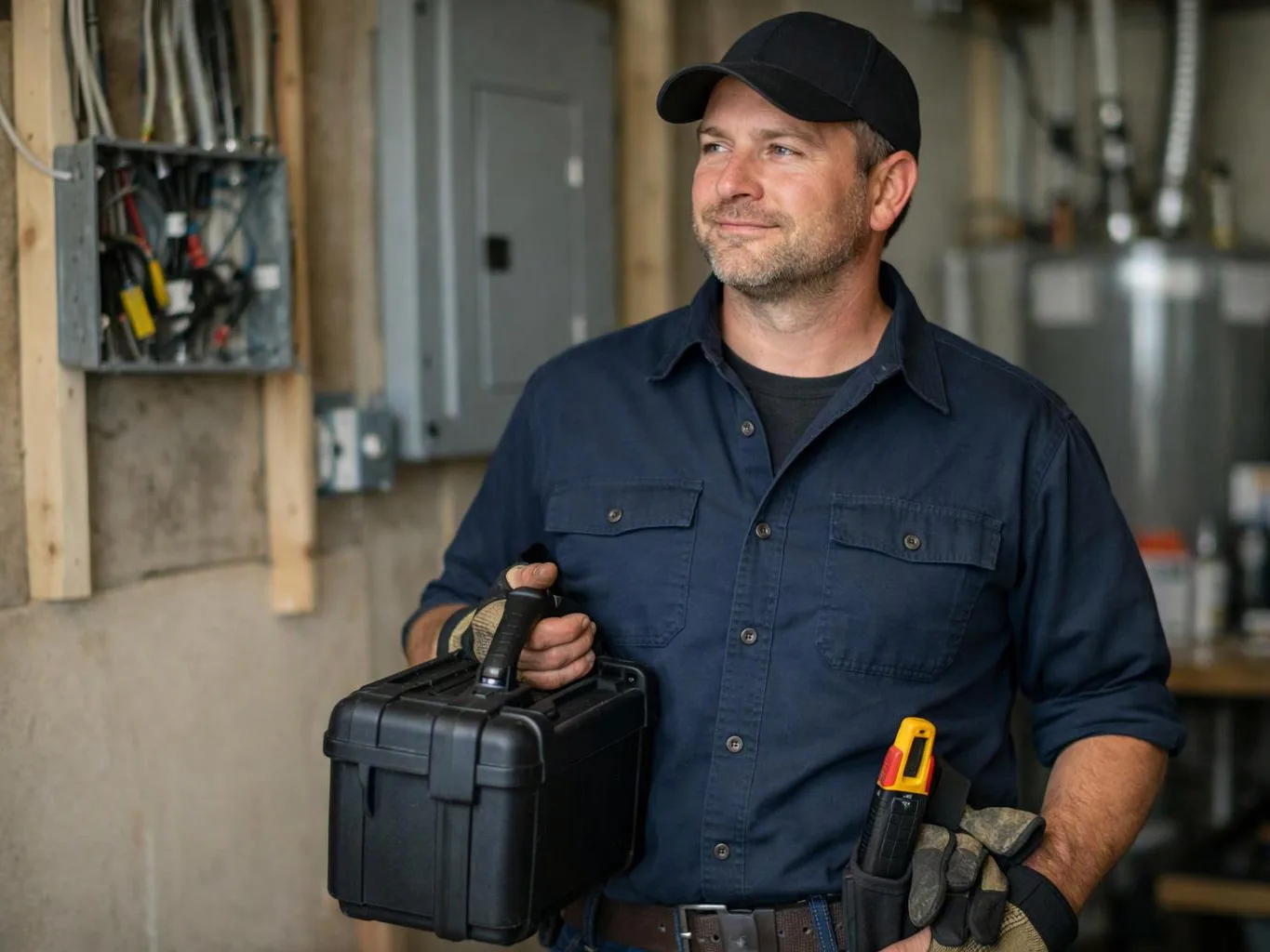 A man in a cap holds a black toolbox in a workshop beside exposed electrical panels
