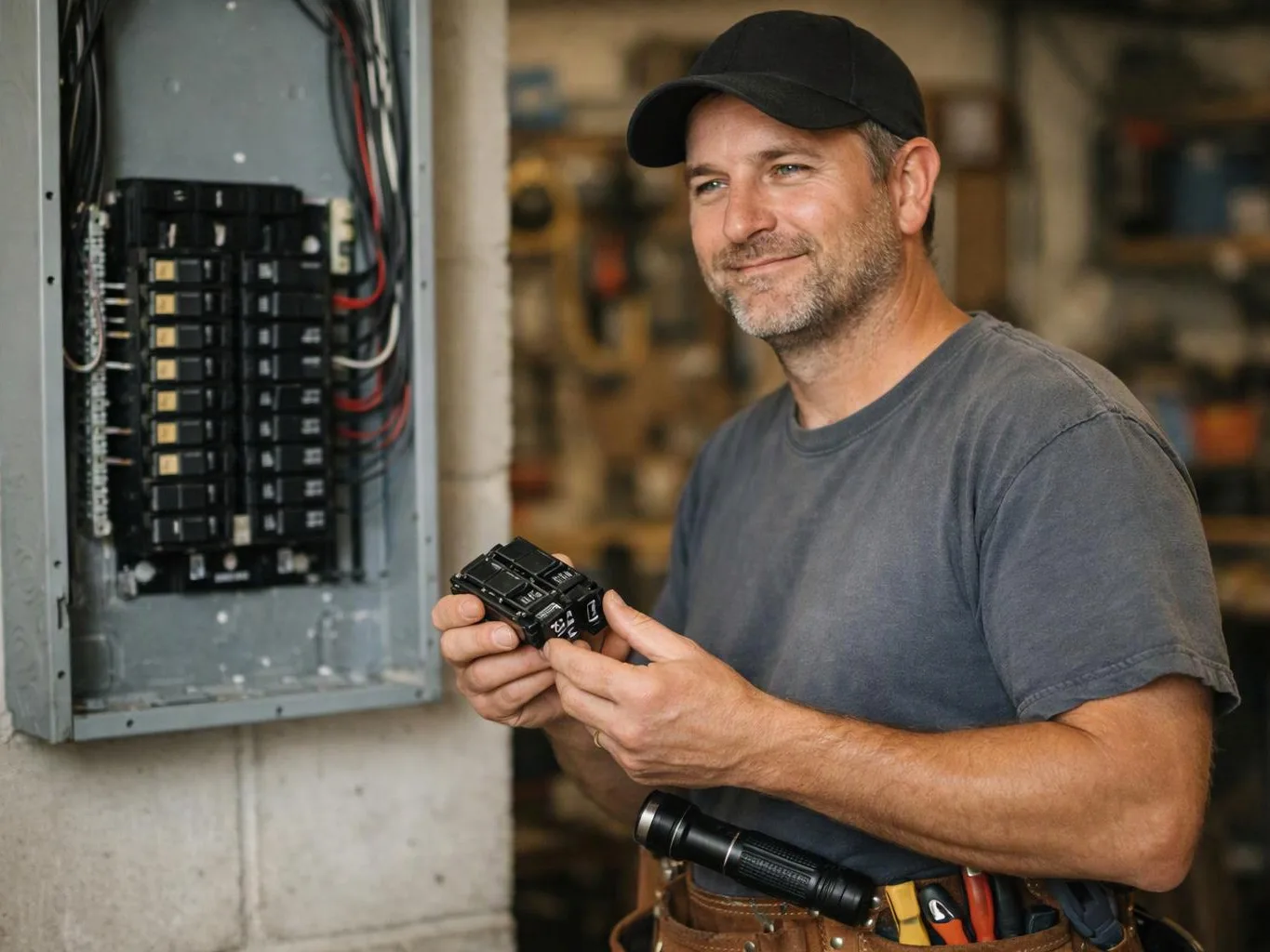 A man in a cap holds a circuit breaker beside an open electrical panel in a workshop