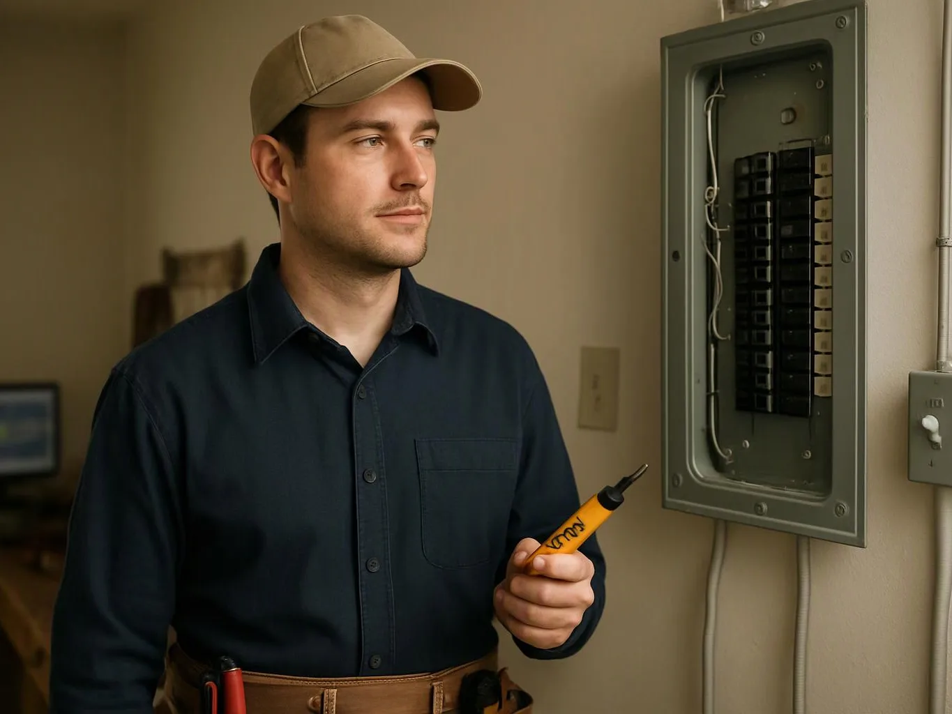 A man in a cap holds a voltage tester beside an open electrical breaker panel indoors