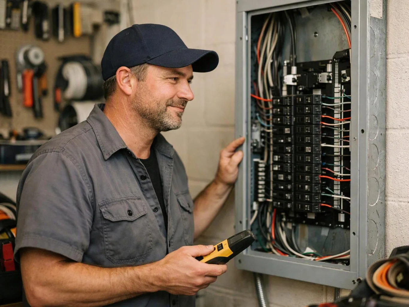 A man in a cap inspects an open electrical panel with a handheld tester in a workshop