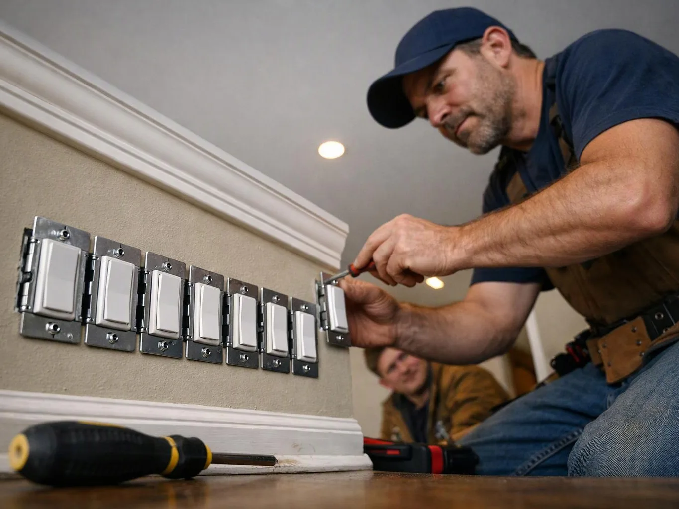 A man in a cap installs a row of light switches on an indoor wall with a screwdriver