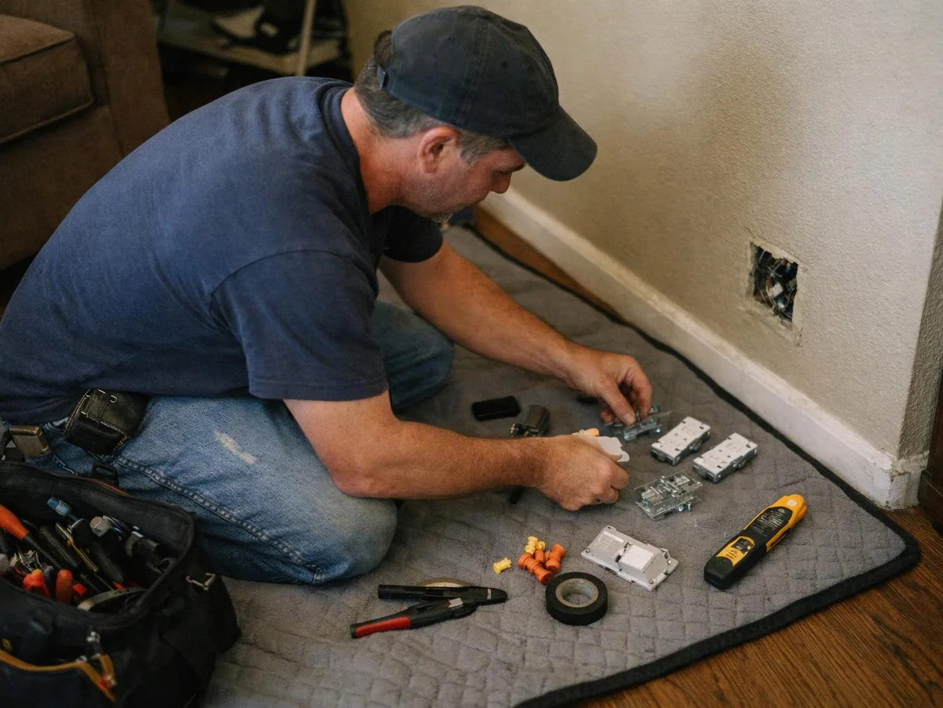 A man in a cap kneels on a mat, wiring electrical parts beside a wall outlet opening