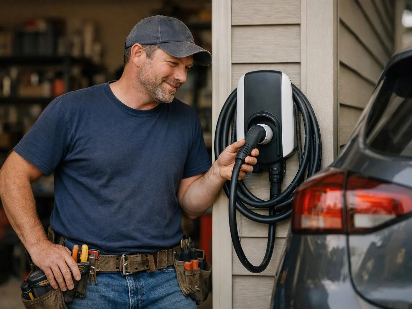 A man in a cap plugs an electric car into a wall charger beside a driveway