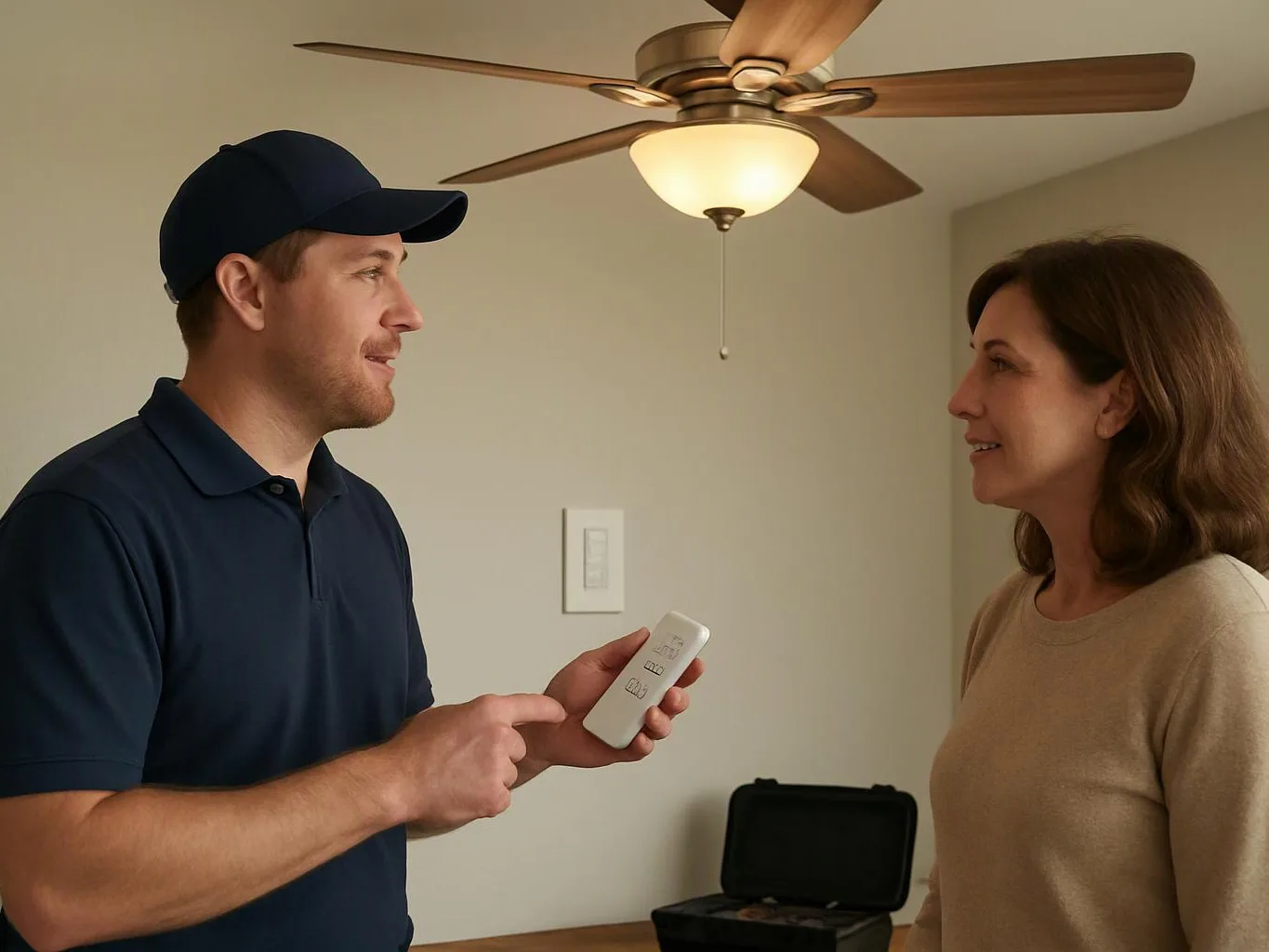 A man in a cap points at a remote while talking to a woman under a ceiling fan indoors