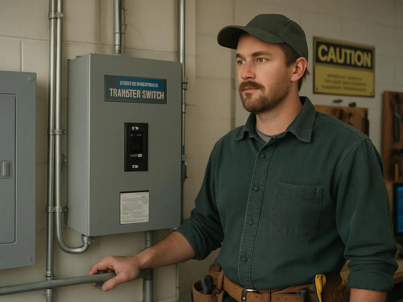 A man in a cap stands by an electrical transfer switch inside a utility room