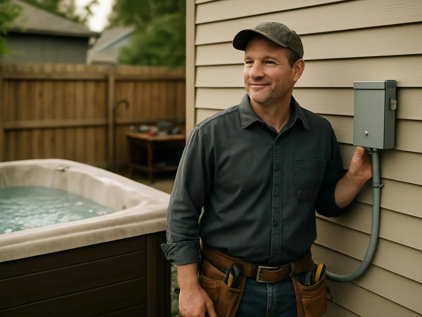 A man in a cap stands by a house wall beside an electrical box and a backyard hot tub