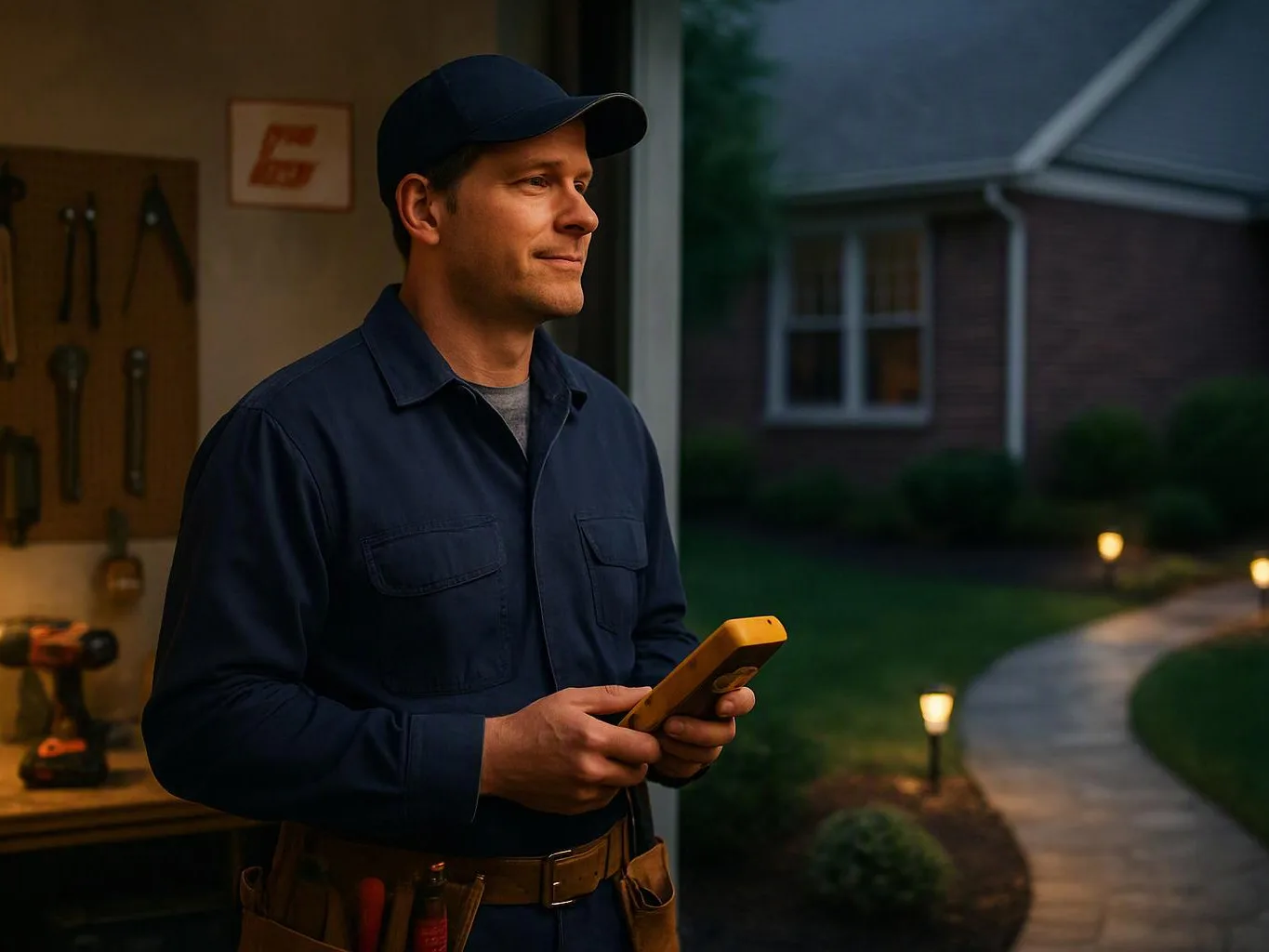 A man in a cap and work clothes stands in a garage holding a yellow device, with a lit walkway outside