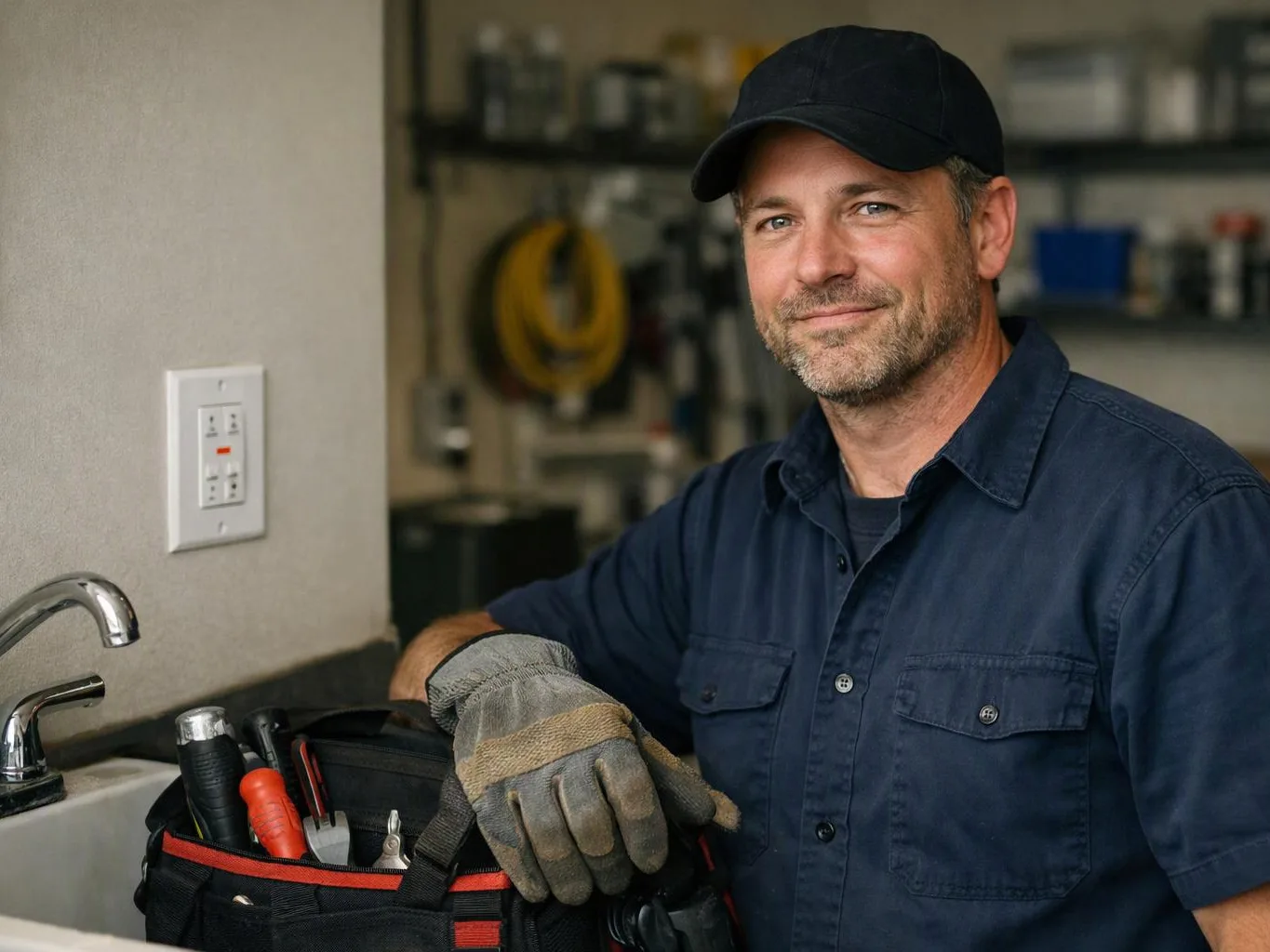 A man in a cap and work shirt smiles beside a sink, with a tool bag in a garage-like room