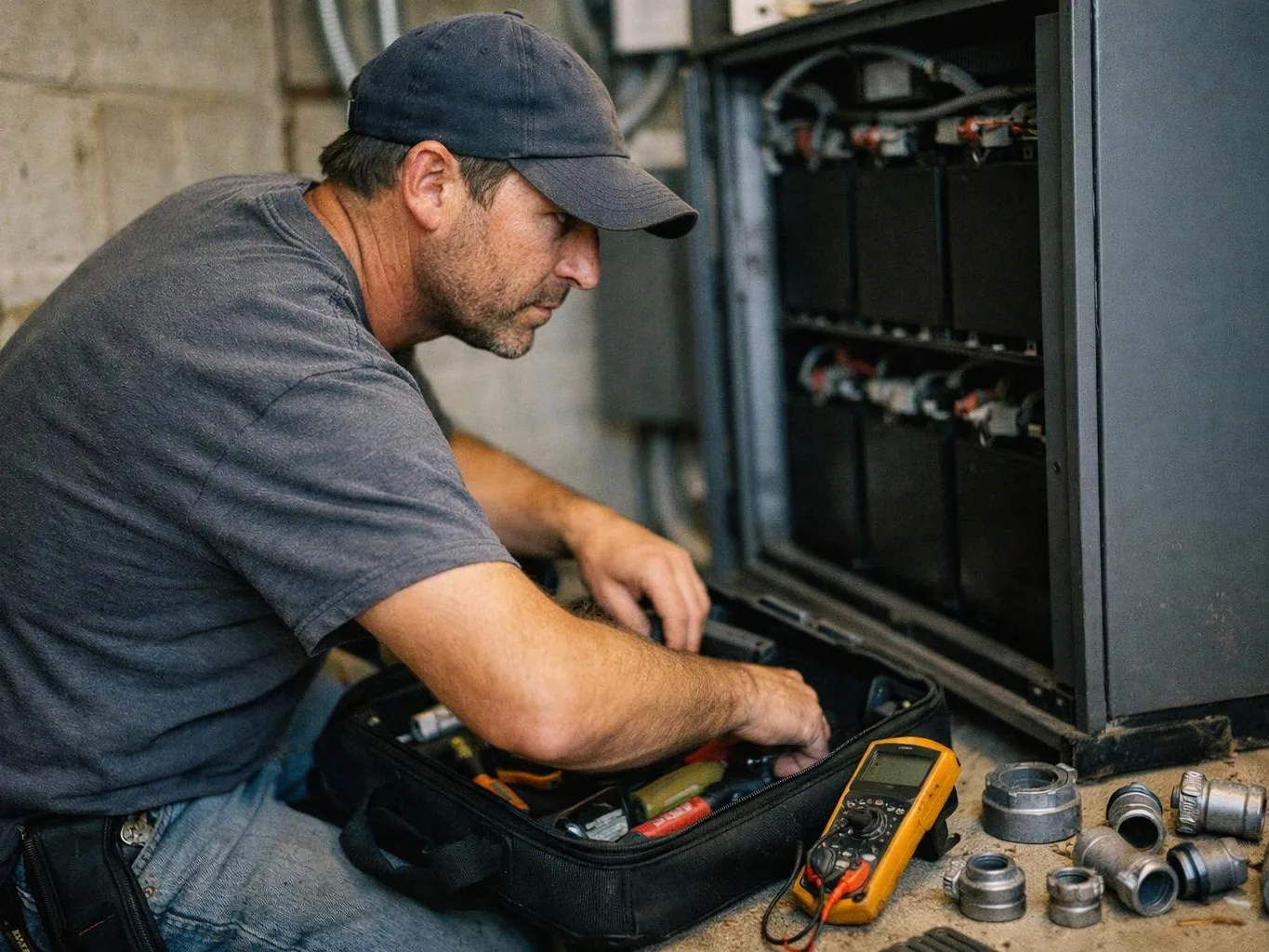 A man in a cap works inside an open electrical cabinet, sorting tools on the floor in a workshop