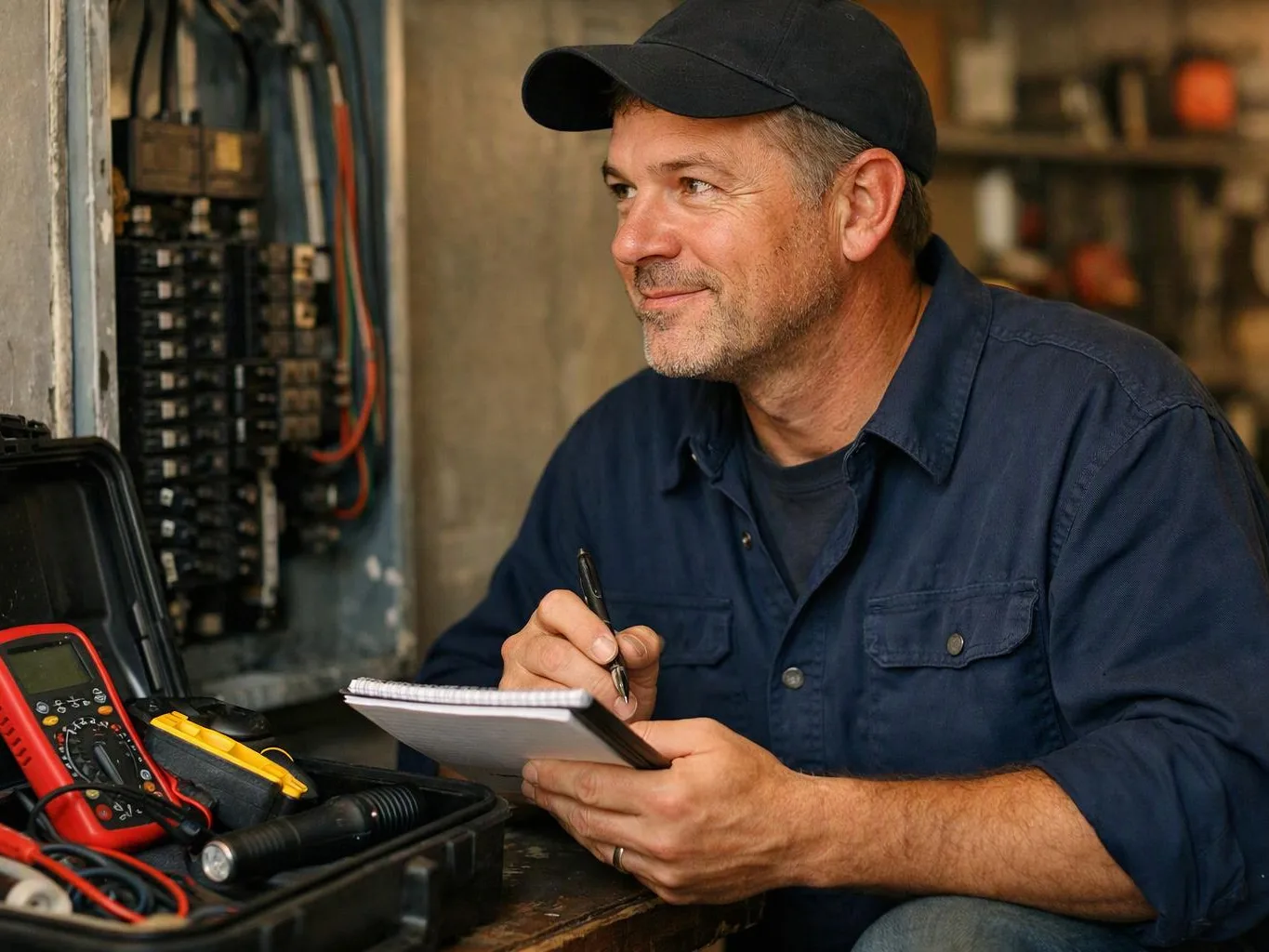 A man in a cap writes in a notebook beside electrical panels and testing tools in a workshop