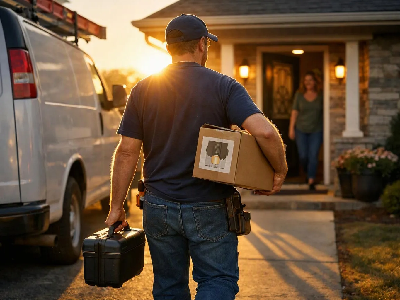 A man carries a box and toolbox toward a house while a woman stands in the doorway at sunset