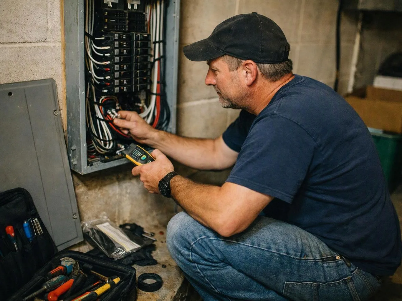 A man crouches beside an open electrical panel, checking wires with a handheld tester in a basement-like room