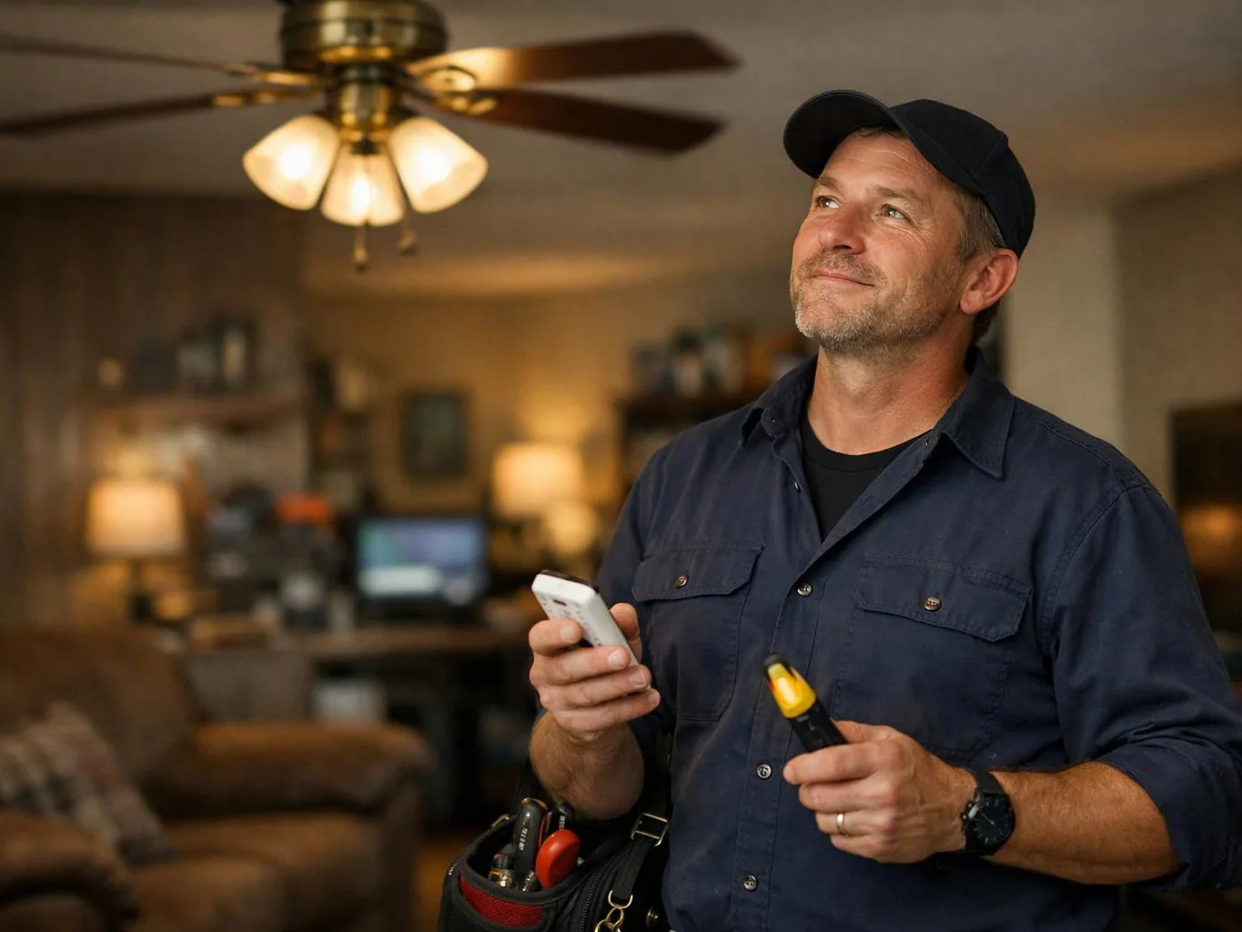 A man in a dark cap and shirt holds a phone and tester tool in a warm living room