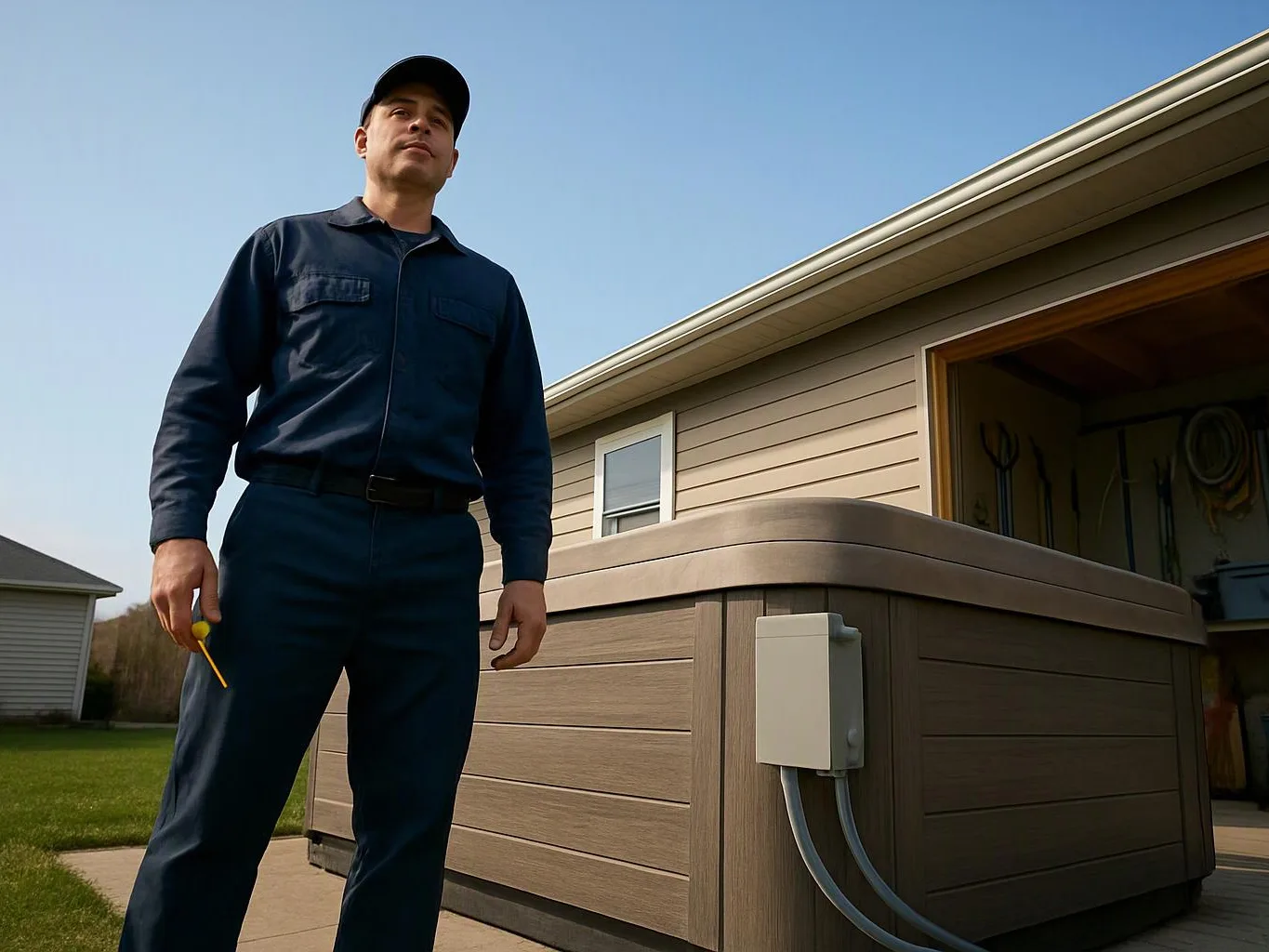 A man in dark work clothes stands beside a large outdoor hot tub on a sunny patio