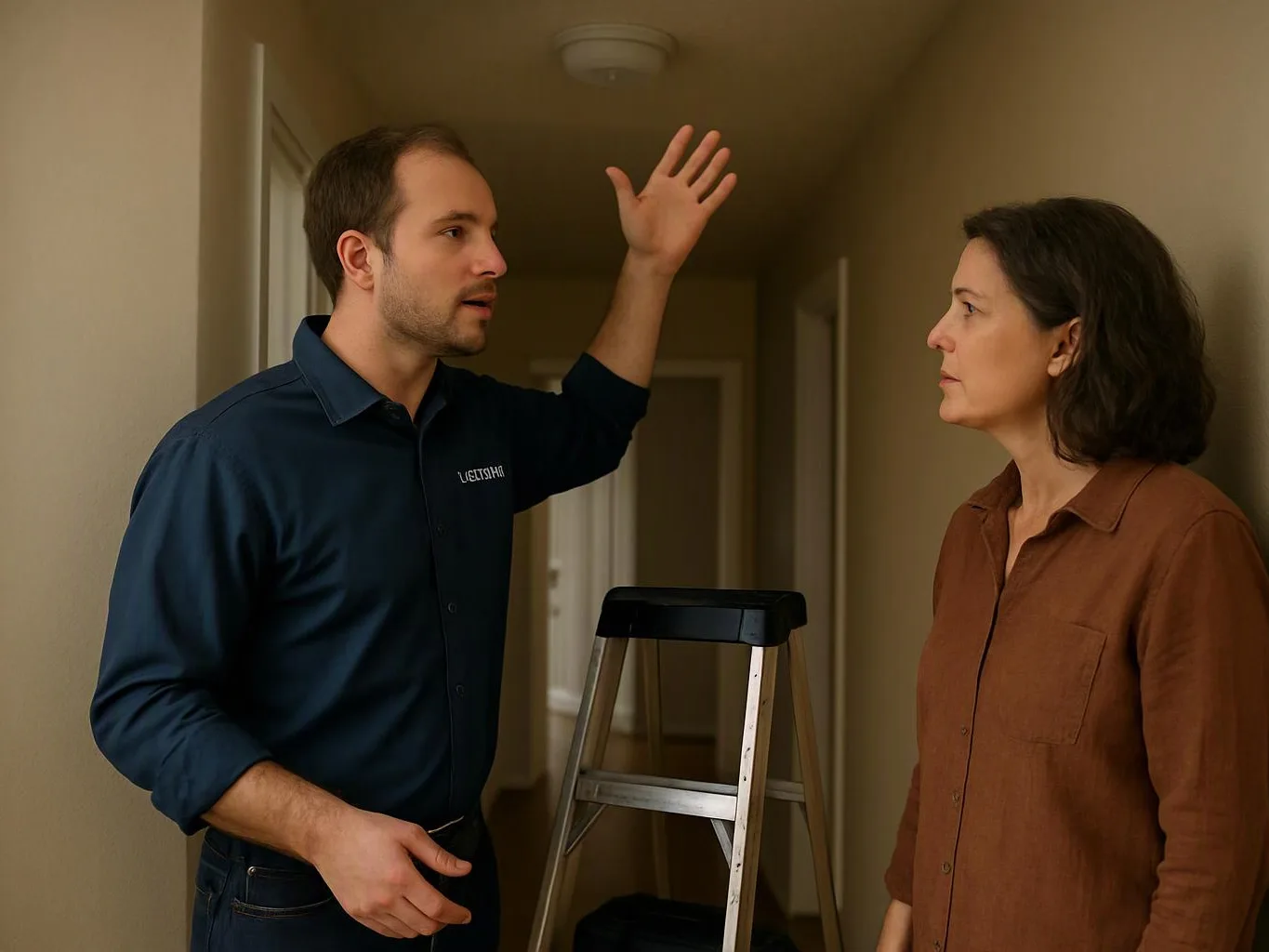 A man gestures beside a ladder in a hallway while talking with a woman facing him