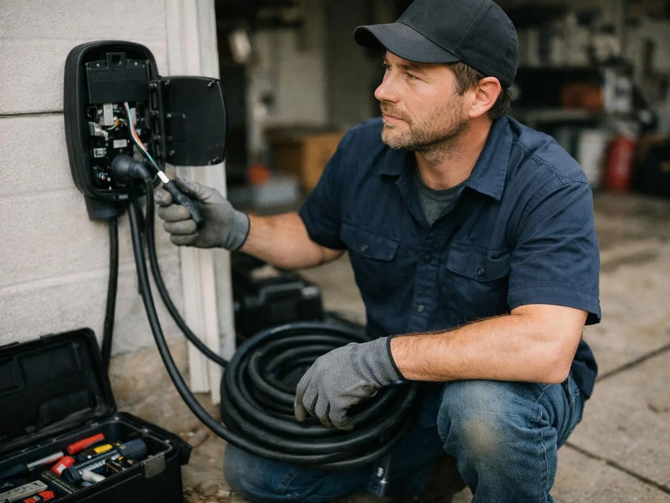 A man in gloves kneels by a wall-mounted electrical unit, holding cables beside an open tool case