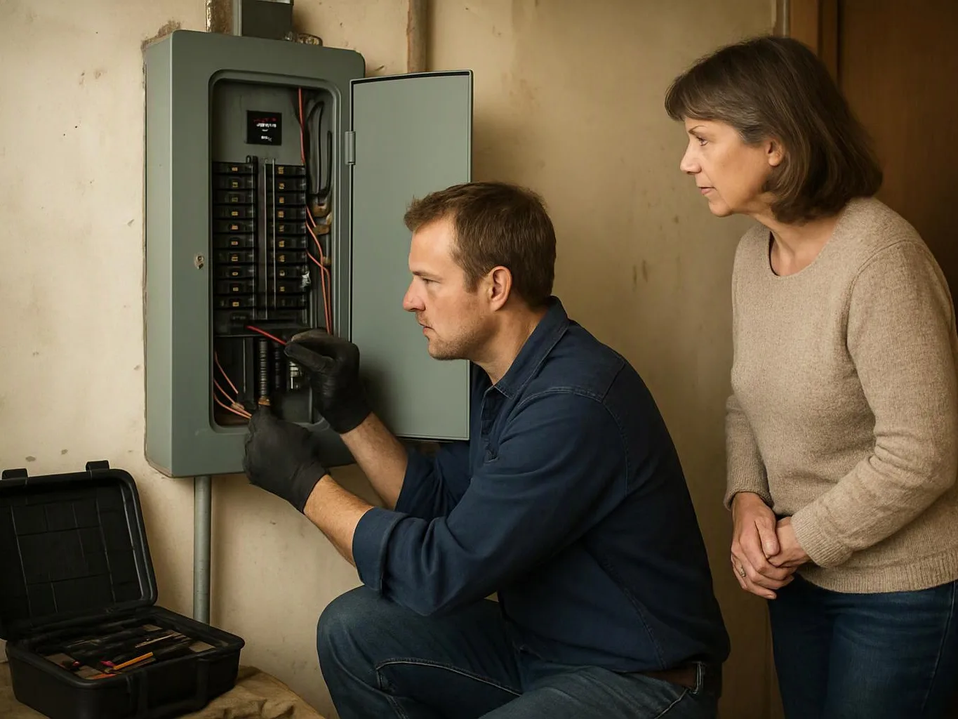 A man in gloves works on an open electrical breaker panel while a woman watches nearby