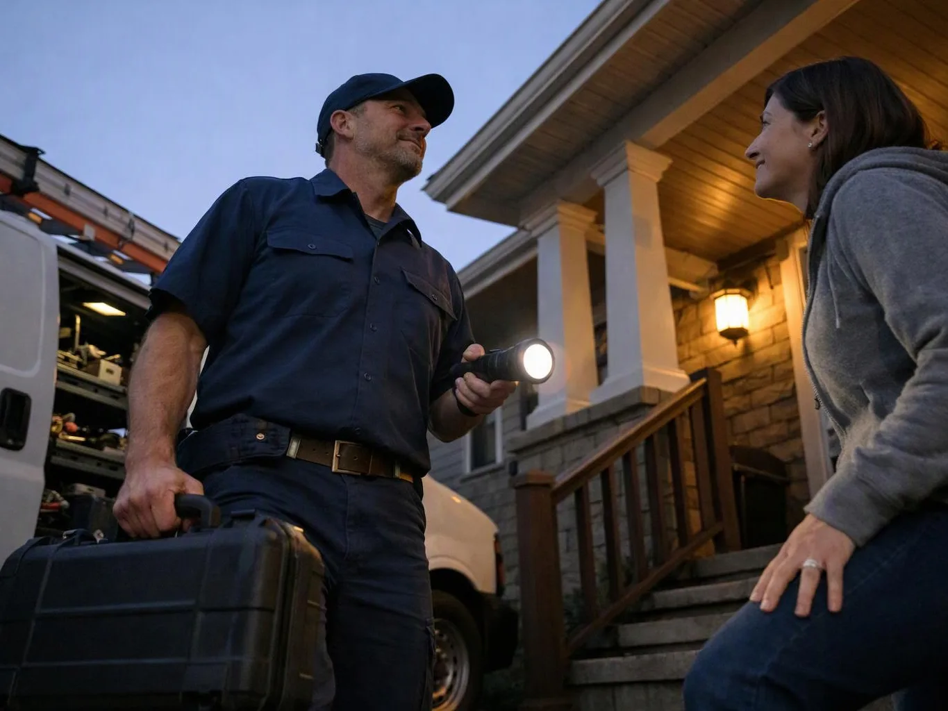 A man holding a flashlight and case talks with a woman on a house porch at dusk