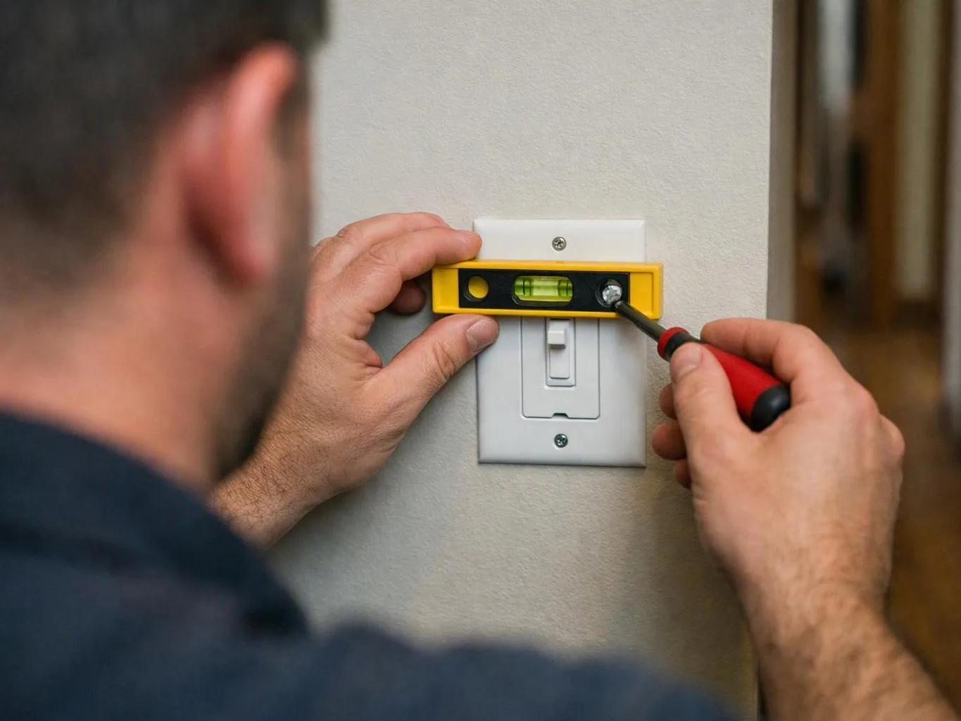 A man holds a level on a wall switch plate while tightening a screw with a screwdriver