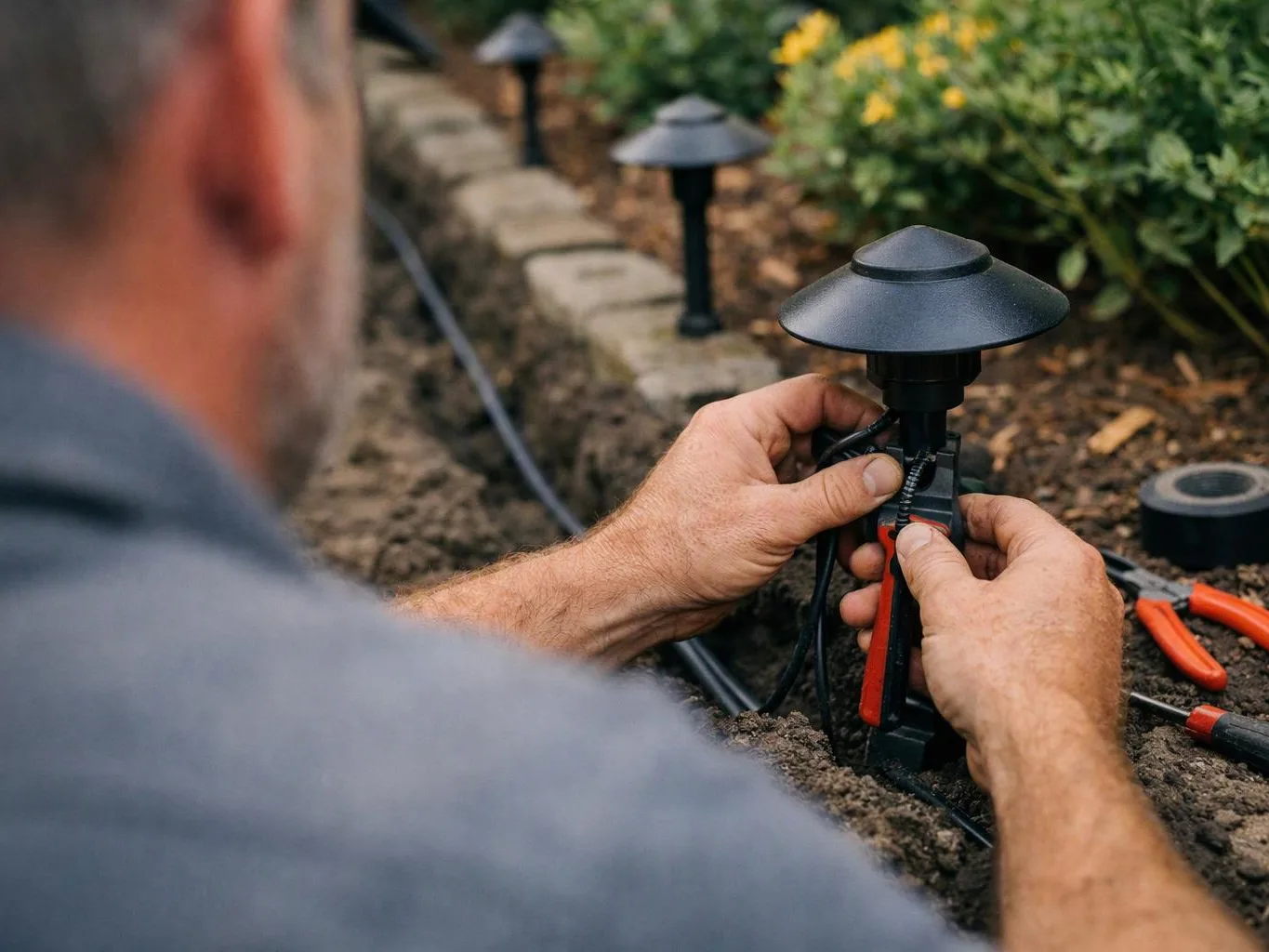 A man installs a black garden path light beside a planted border with tools and cables nearby