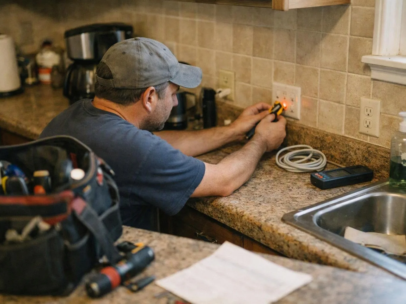 A man in a kitchen tests an electrical outlet with a screwdriver while tools sit on the counter