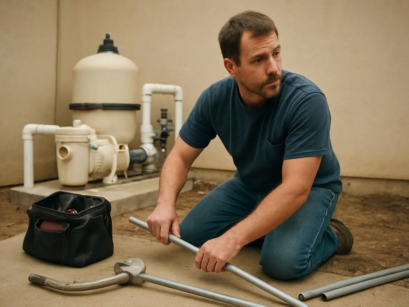 A man kneels beside pool equipment, holding metal pipes and looking off to the side