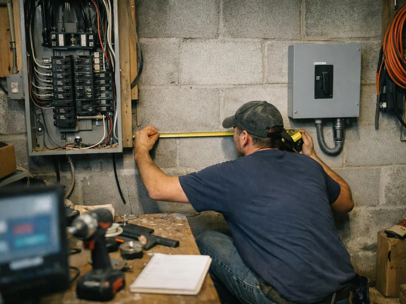 A man kneels by a cinder block wall, measuring beside an open electrical panel and a gray breaker box
